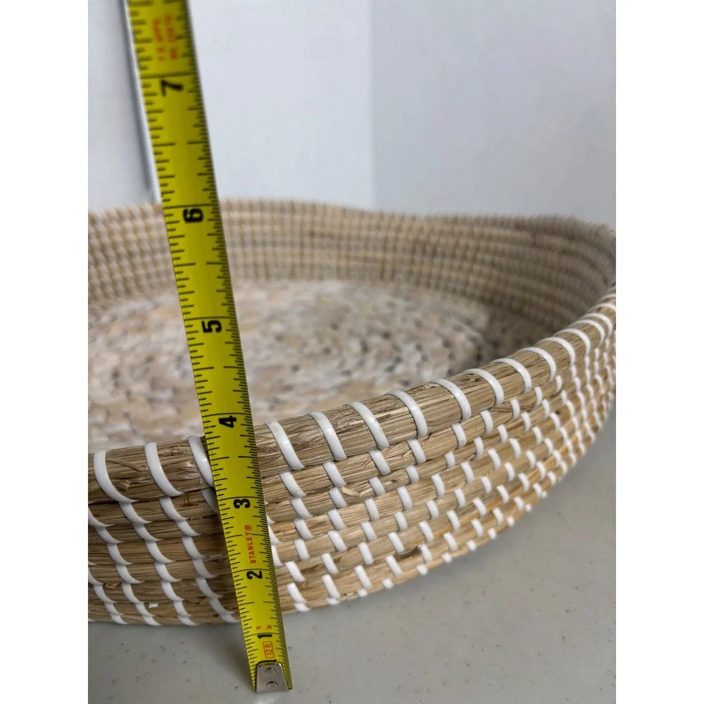 Woven Seagrass Round Tray‎ and Blue Leaf Decor Set Coastal Boho Home Accents